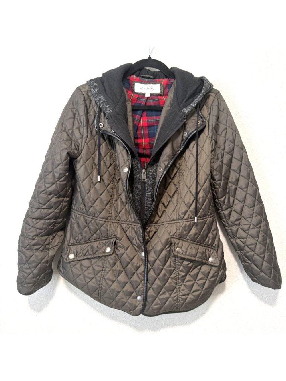 Sebby Women’s Quilted Jacket L Hooded Plaid Lined Zip Snap Utility Coat Olive
